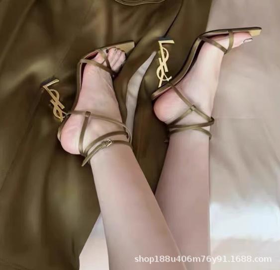 

[Spot] Cross-strap metal letter heel open-toed sandals YS sexy stiletto rear empty French high-heeled women s shoes 38