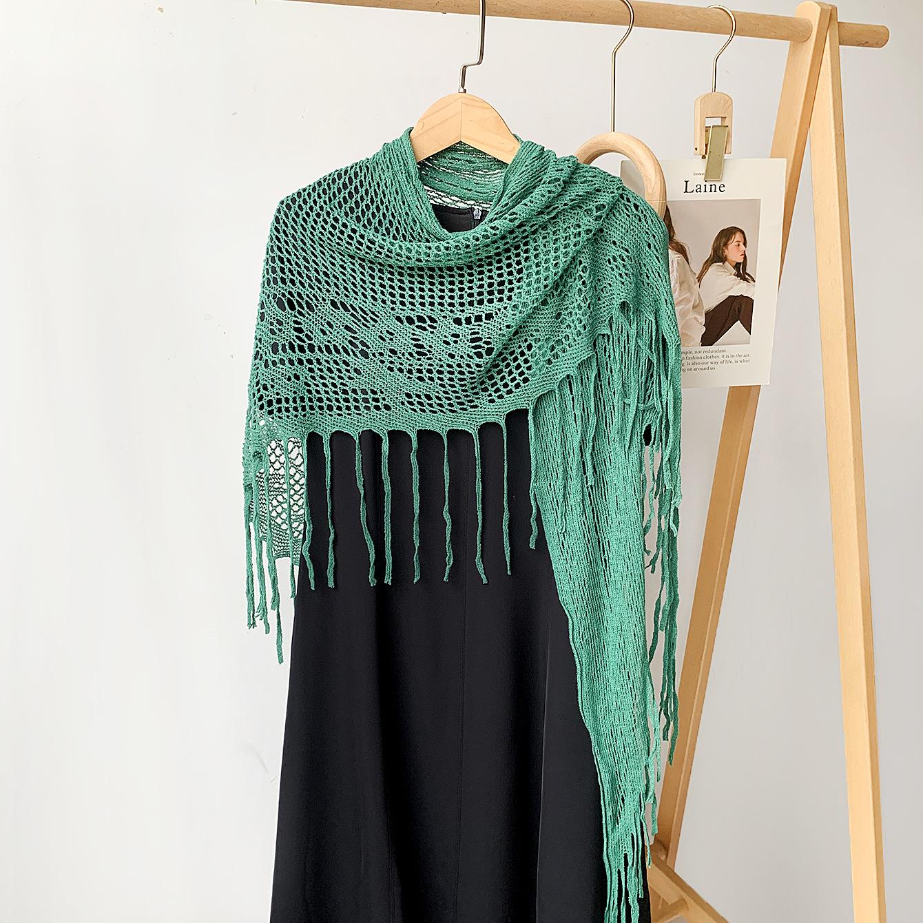 Cross-border foreign trade plain shawl women s 2026 new fringed shawl solid color knitted hollow shawl wool triangle towel 240*90