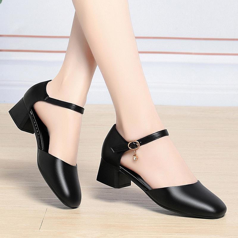 

4 см Удобные Дышащие Туфли-лодочки на щиколотке с пряжкой Женская обувь 2025 Осень Мягкая кожа Блочный Средний каблук Обувь для офиса Мамы 38