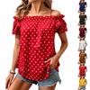 Women Off Shoulder Polka Dot Blouse Shirt Casual Short Sleeve Ruffle Neck Top Lightweight Summer Tunic