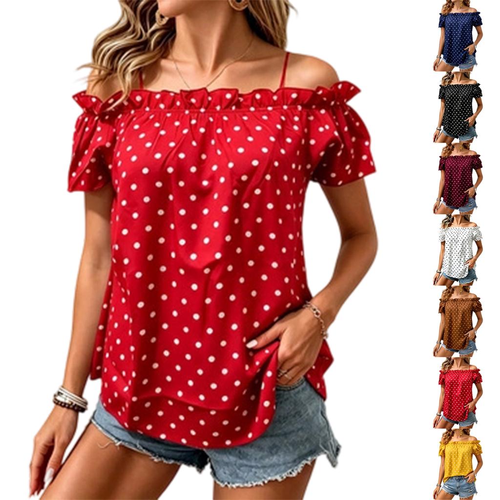 Camicetta da Donna a Pois Off Shoulder Camicia Casual Manica Corta Top con Collo Arricciato Tunica Leggera Estiva