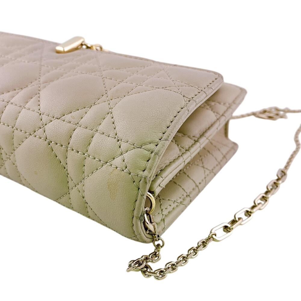 Christian Dior Logo Leather Lady Dior Wallet Chain Beige Leather Used