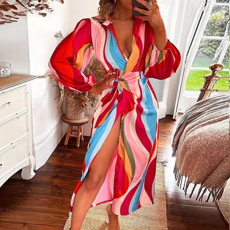 Spring and Autumn Women's Dress Fashion Printed Lantern Sleeve Tie Slit Lapel Dress Explosion Color Collision Medium Long Dresses