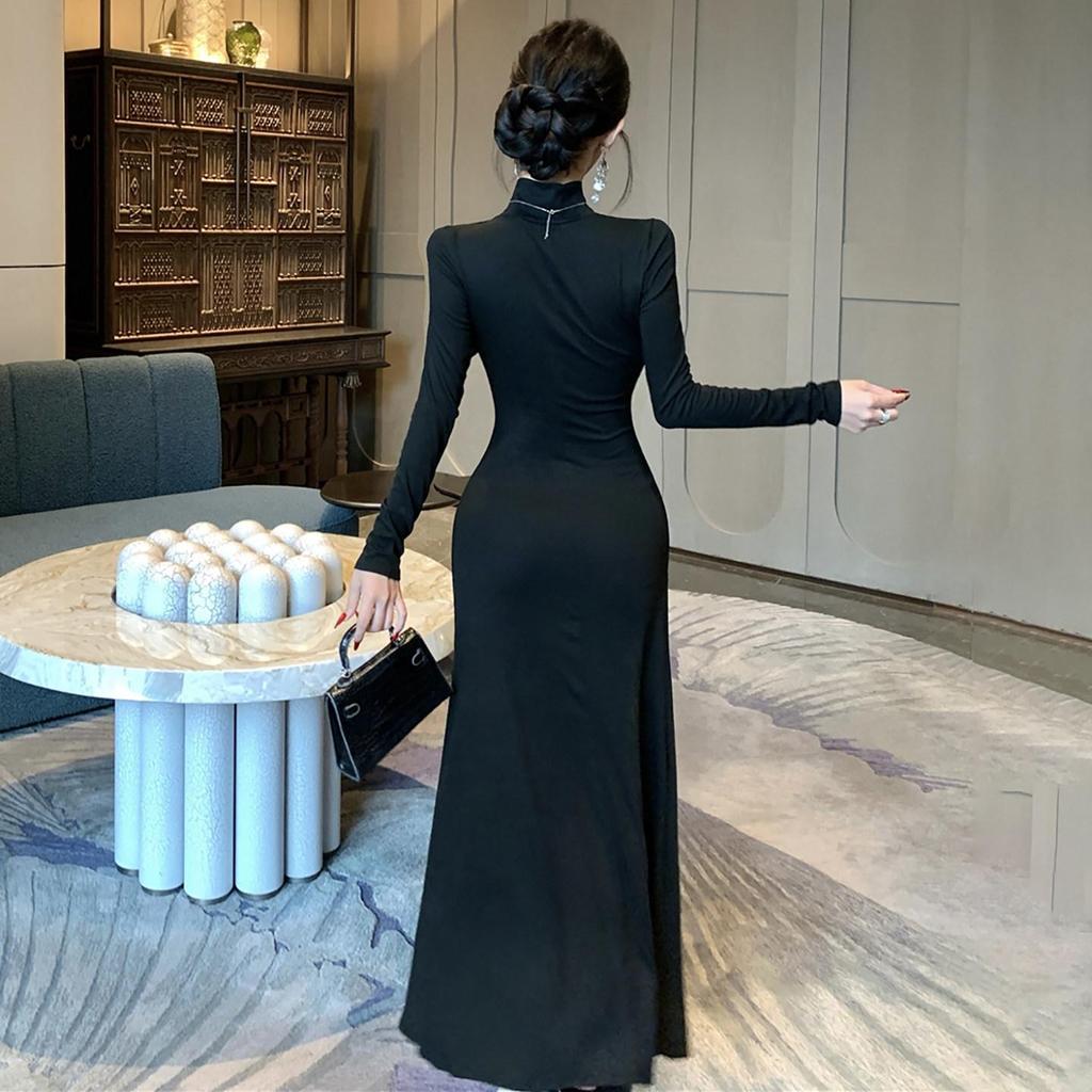 Elegant Black Plus Size Long Sleeve Hollow Dress with French Collar