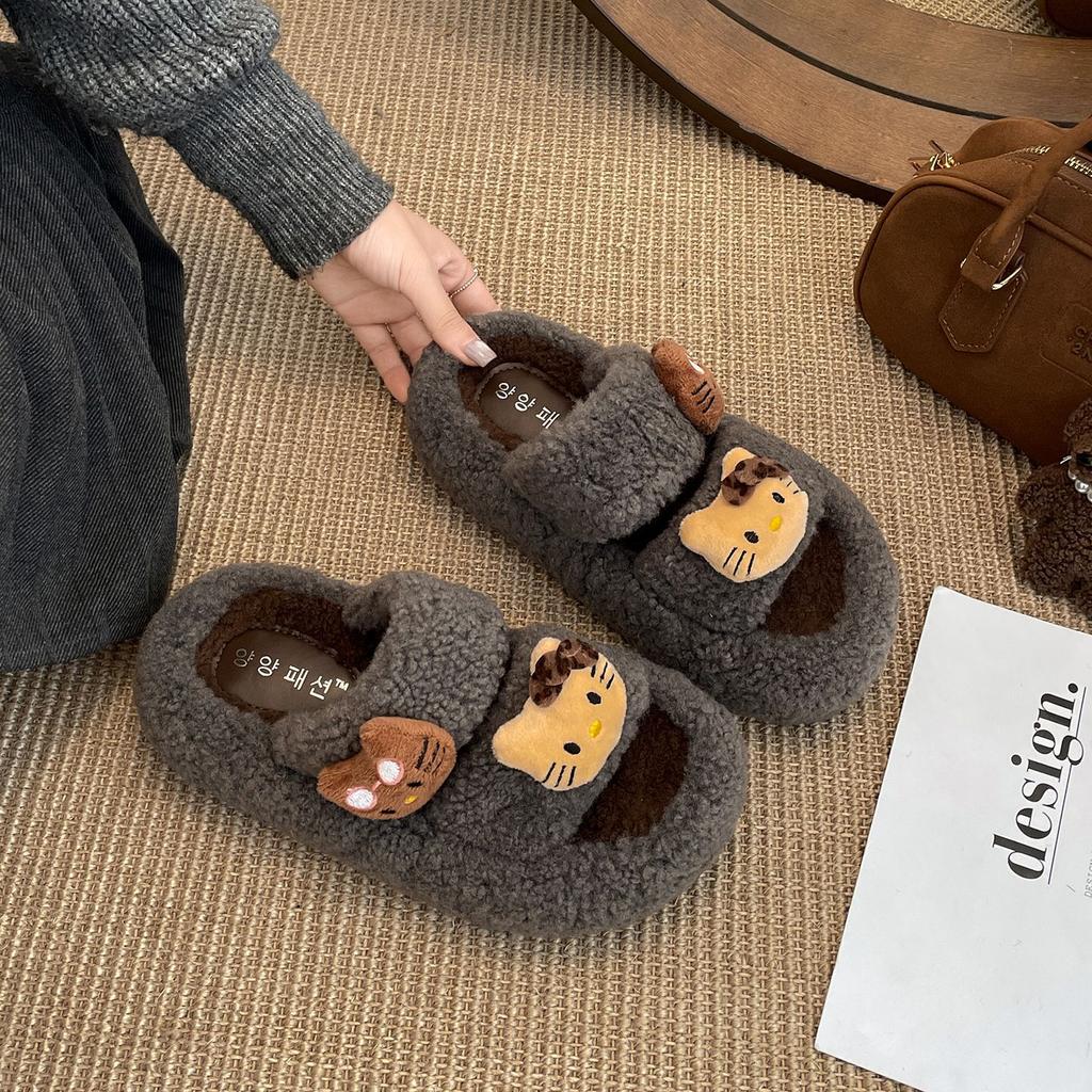Cute cartoon black non-slip thick-soled fluffy slippers for women's outer wear 2025 new autumn and winter versatile soft bottom one-word drag