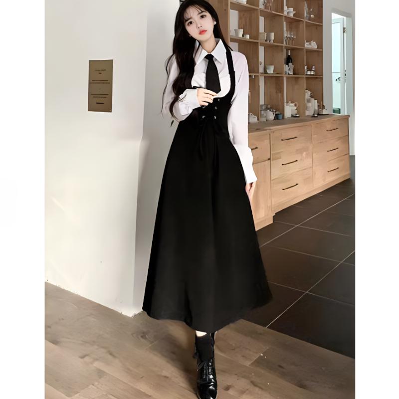 Herfst Preppy Stijl 3-delige Jurk Set Dames Casual Eenvoudig Overhemd + Stropdas + Elegante Mouwloze Jurk met Bandjes Koreaanse Mode Jurk Kostuum
