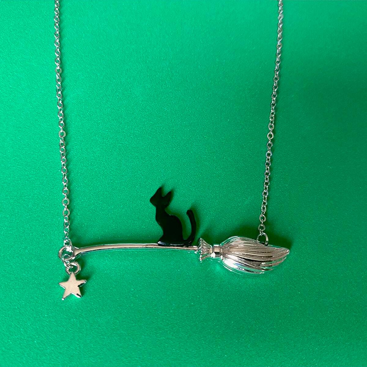 Забавный черный кот и метла кулон ожерелье Хэллоуин ювелирный аксессуар для женщин — фото 3