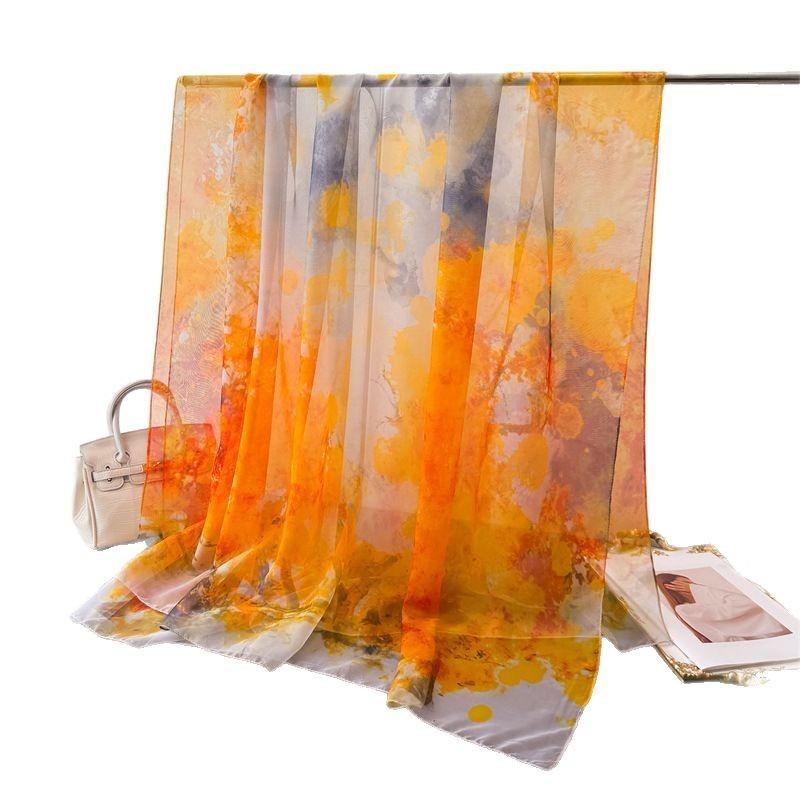 Green orange blossom encryption soft yarn printing spring and summer silk scarf large long scarf travel shawl sun protection women's scarf headscarf