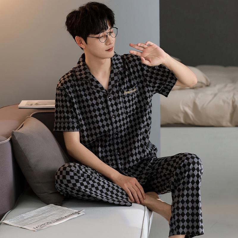Men's Korean Style Summer Cotton Pajama Set - Short Sleeve & Pants, 3-Piece Casual Homewear.
