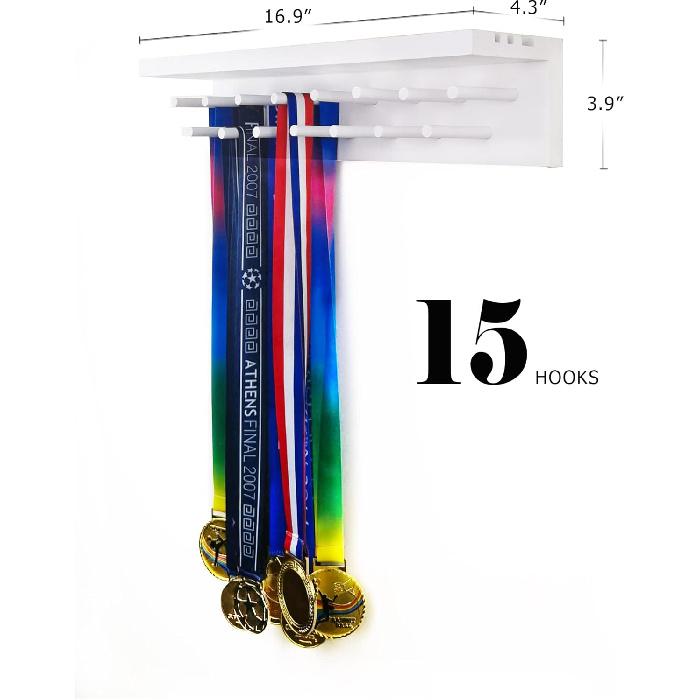 Trophy Medal Holder Display 16.9" Long Wooden Trophy Shelf Rack Medal & Trophy Holder 15 Hooks Hanger with Shelf Medal Holder with Wooden Trophy