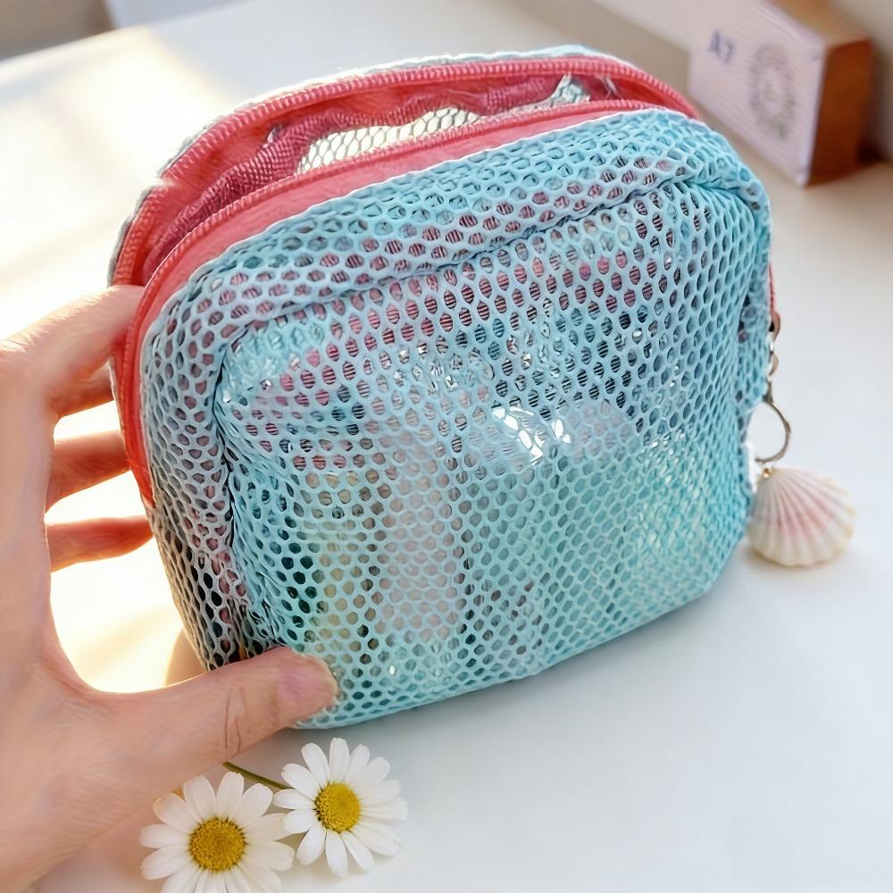 1pc Fashion Large-Capacity Cosmetic Organizer Bag - Deep Pink/Green Mesh Travel Toiletry Bag with Multiple Compartments