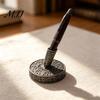 Luxury Writing Instrument Stand Vintage Round Pen Holder, Durable Metal Exquisite Carved Desktop Ornament, Art Corner Display Dip Pens And Quill