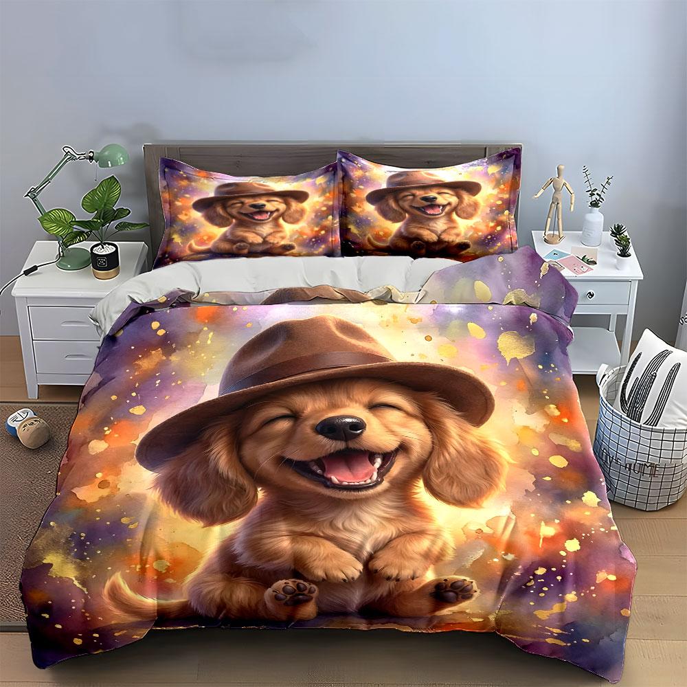 Cute Happy Dog In Hat Design Bedding Duvet Cover Set (1*Duvet Cover 2*Pillowcases, Without Duvet Insert)