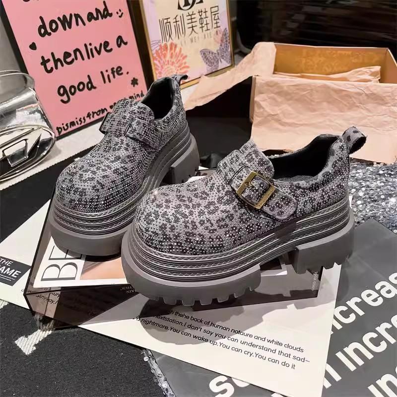Spring Chunky Shoes Women's Fashion Round Head Deep Mouth Crystal Leopard Print Metal Buckle Waterproof Platform Heels