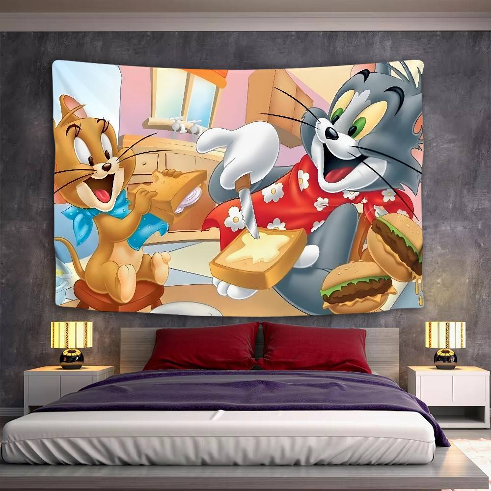 Cute TTom And Jerry Tapestry Wall Hanging Tapestry Art Deco Blanket Curtain Hanging At Home Bedroom Living Room Decor