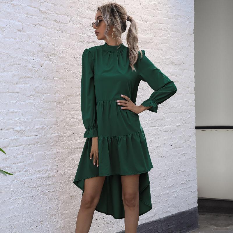 YYFS Women's Fashion Spring Fall Solid Color Print Long Sleeve Half Turtleneck Middle Waistline Casual Dresses