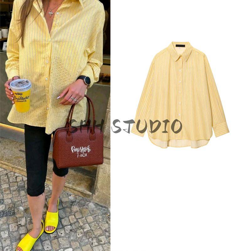 Summer New Product Women's Clothes French Style Casual Loose Yellow Stripe Long Sleeves Lapel Mid-Length Shirt Tops