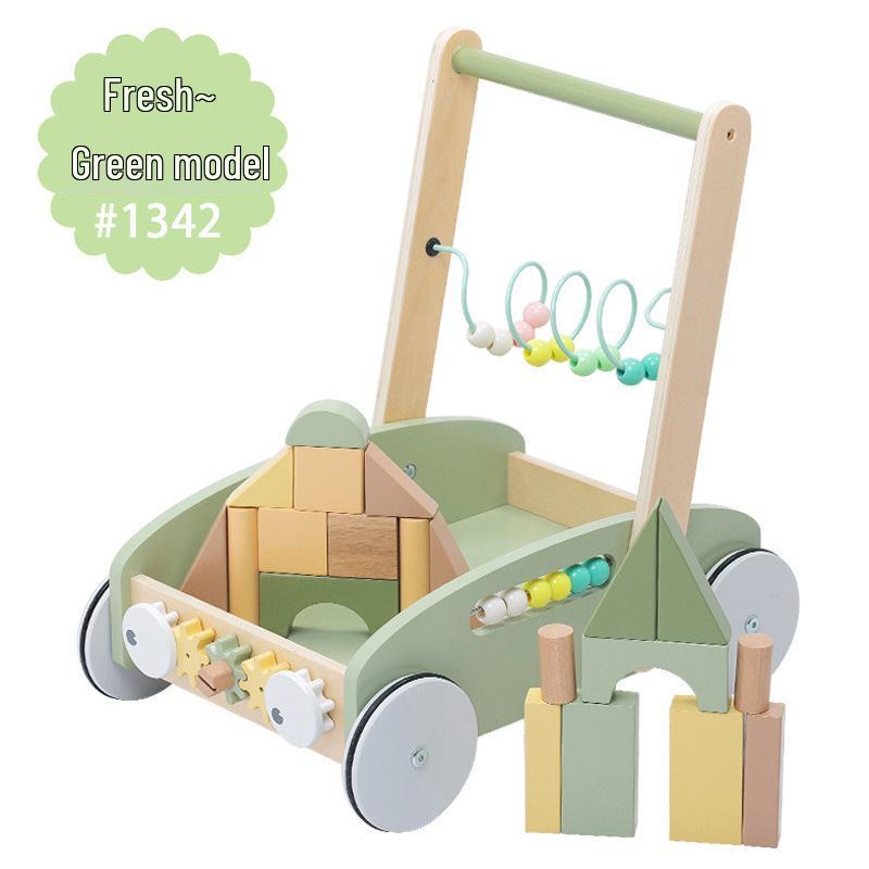 Multifunctional Wooden Baby Push Walker with Tool Basket and Anti-Bowlegs Design