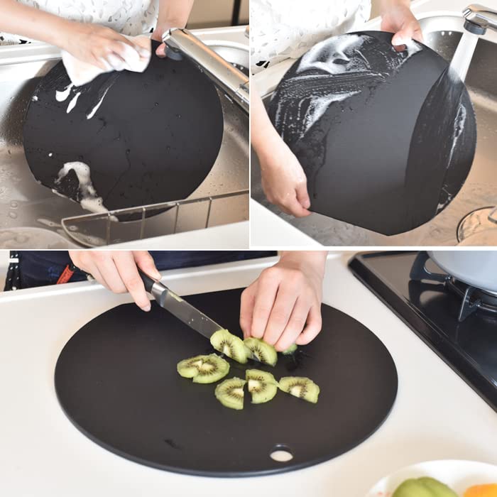 Tocător rotund antibacterian, negru, confortabil, cu cârlig din elastomer, fără logo, rotund, sigur pentru mașina de spălat vase, dezinfectare prin fierbere, dezinfectare a apei clocotite