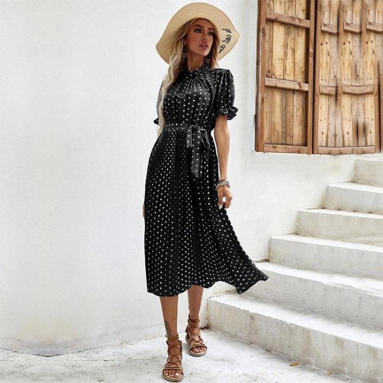 Women's Casual Crew Neck Polka Dot Printed Pleated Dress Short Long Sleeve Tie Spring Summer Mediumn
