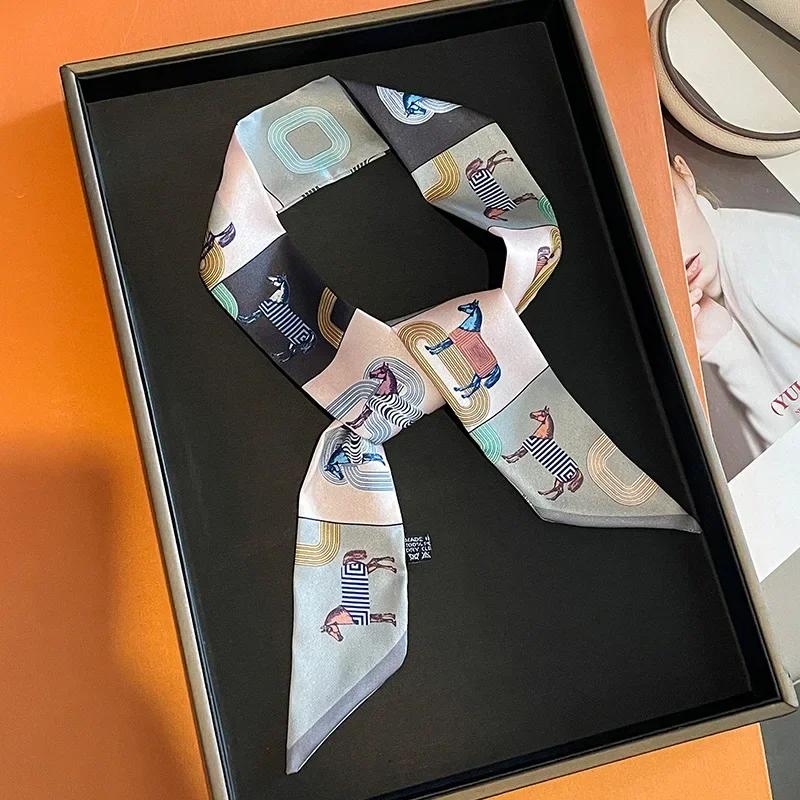 Women Narrow Thin Scarf Horse Print Long Ribbon Scarf Handle Bag Multi-Function Decorative Neckerchief Hair Tie Band