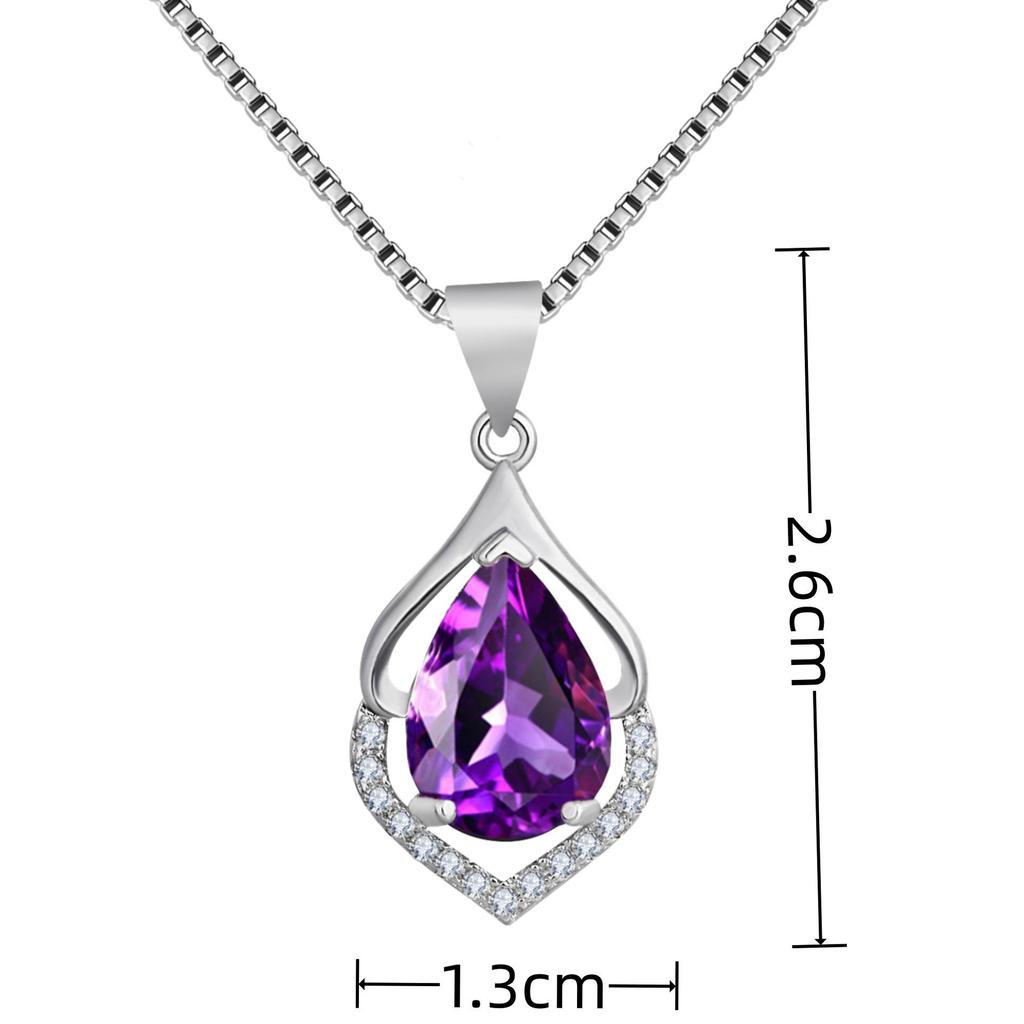 Korean Silver Necklace with Natural Amethyst Water Drop Pendant for Women