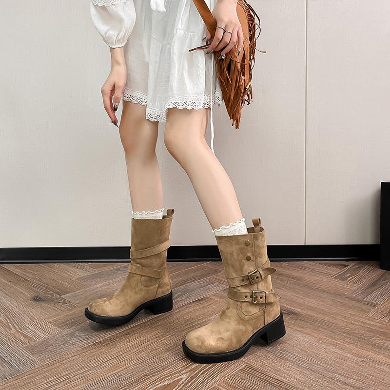 British retro suede medium boots children thick heel thick sole belt buckle cowboy boots lapel two wear spring and autumn short boots