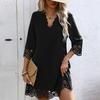 Elegant V-neck Solid-colored Three-quarter Length Sleeves Women's Dresses