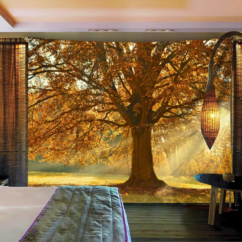 2D Enchanted Autumn Forest Tapestry Giant Oak with Sunlight Wall Hanging