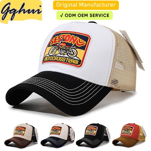 Ademende Mesh Truckerpet Vintage Motorfiets Borduurwerk Zonbescherming Snapback Pet Custom Logo voor Wandelen Kamperen Reizen