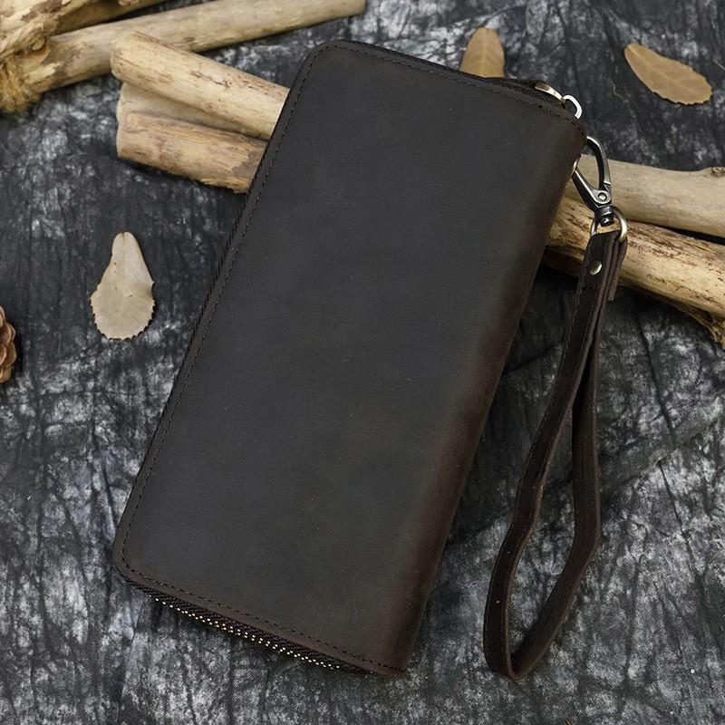 Men's Crazy Horse Leather Long Wallet Genuine Double Zipper Multi-Card Cowhide Clutch Large Capacity Phone Bag