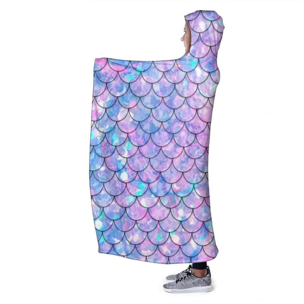 Mermaid Fish Scale Flash Flannel Thermal Hooded Blanket Home Outdoor Office Essential Blanket