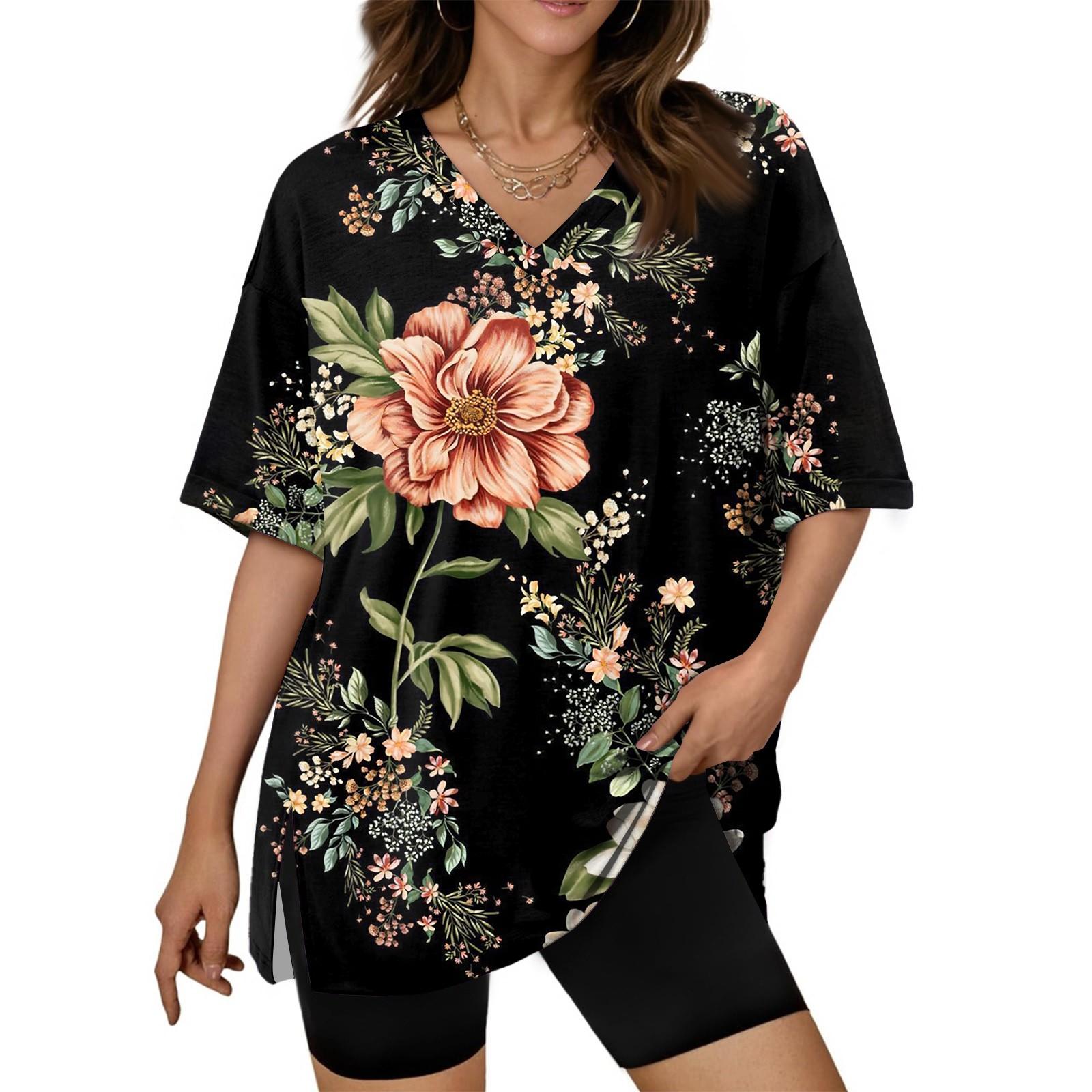 Women s Summer Casual Tops  Print Large Size T-shirts V-neck Short-sleeved Shirts Casual Loose Tops XXL чёрный
