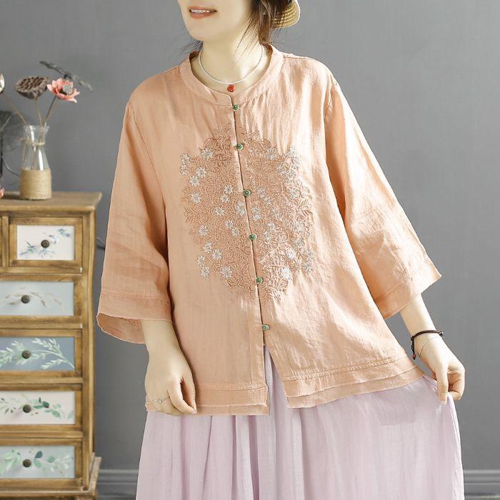 New half-sleeved shirt top heavy industry embroidery chic short-sleeved cardigan stand-up collar ethnic style