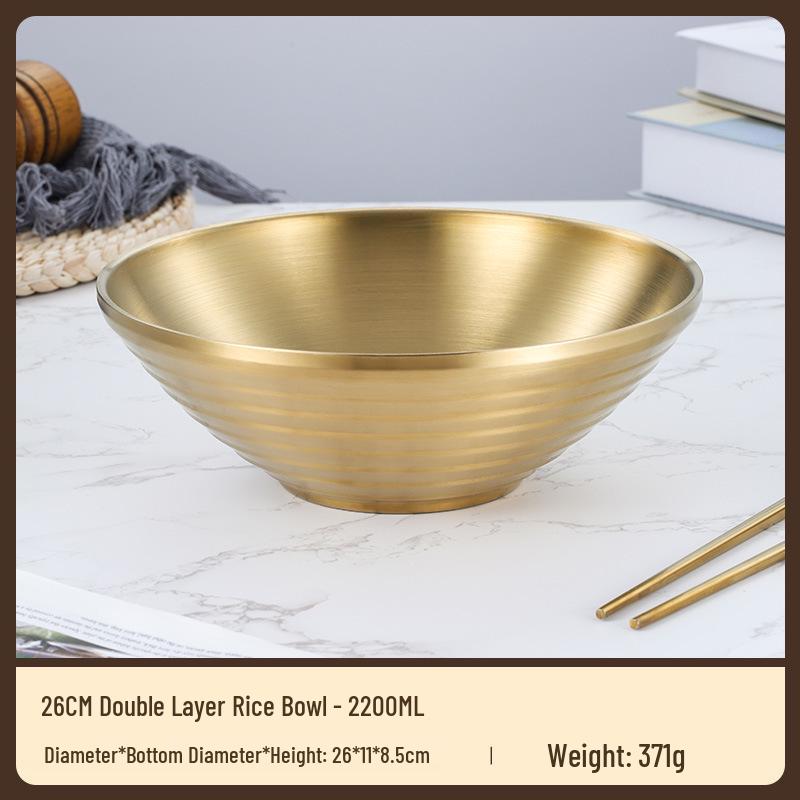 304 Stainless Steel Double Layer Heat-Insulated Ramen and Soup Bowl - Large Gold Noodle Mixing Bowl