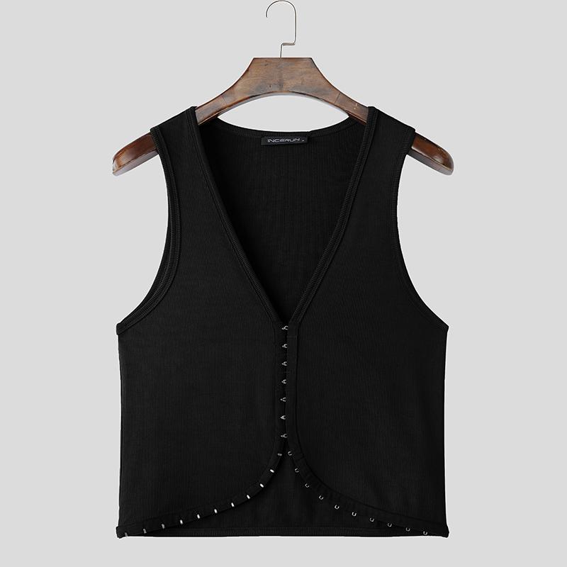 

INCERUN Men Summer V Neck Sleeveless Buttons Casual Skinny Rib Tank Tops M чёрный