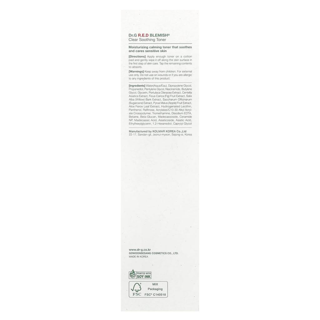 Dr. G, Red Blemish, Clear Soothing Toner, Sensitive Skin, 300Ml(10.14Fl Oz)