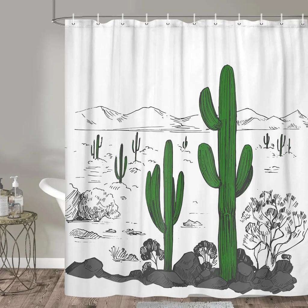 Cactus Shower Curtain Bathroom with Black White Western Decoration, Green Cactus Bathroom Shower Curtain with Hook,