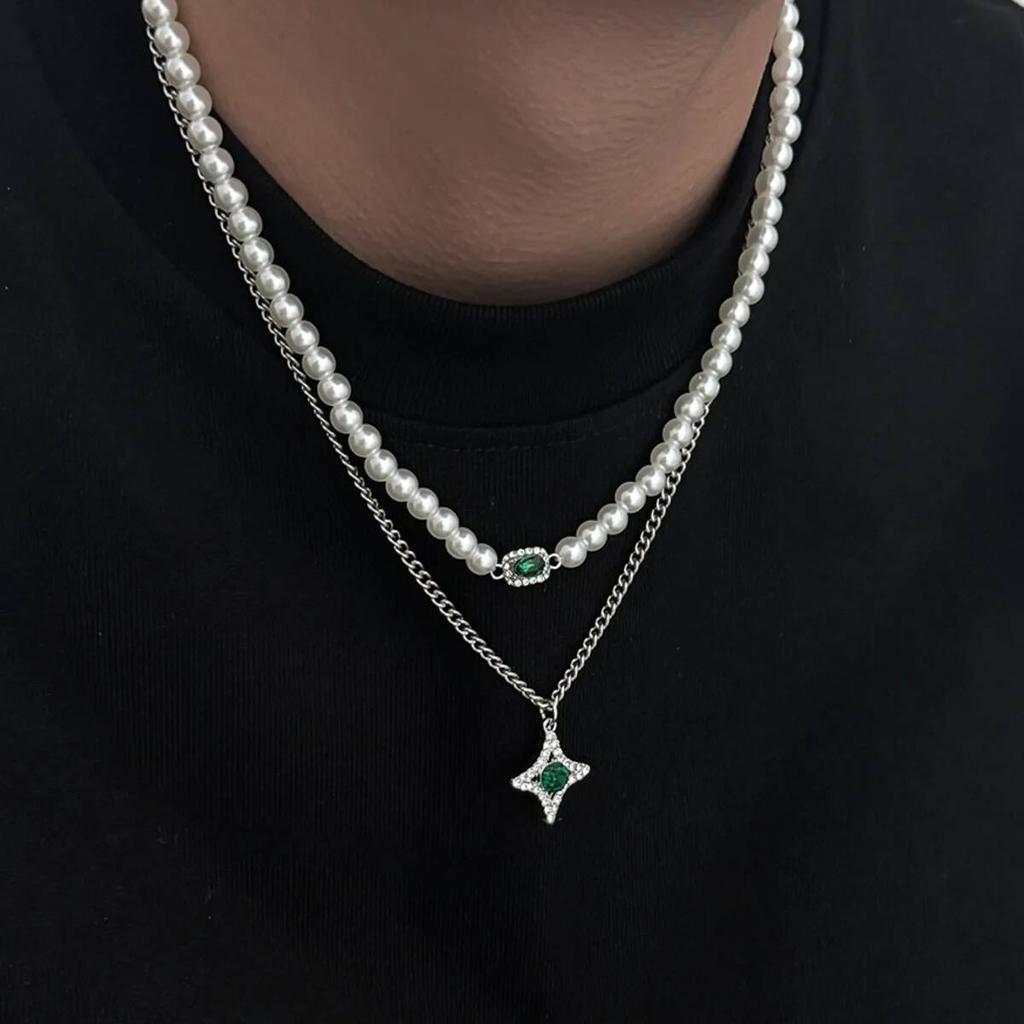 KunJoe 2 st/set Retro Imitationspärlhalsband för män Hip Hop Grön Strass Stjärnhänge Halsband Smycken Nytt