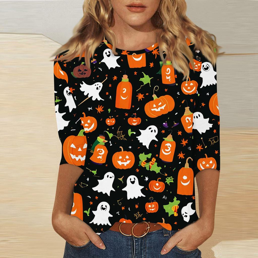 Women's Fashion Casual Three-quarter Sleeve Halloween Printed Round Neck Top