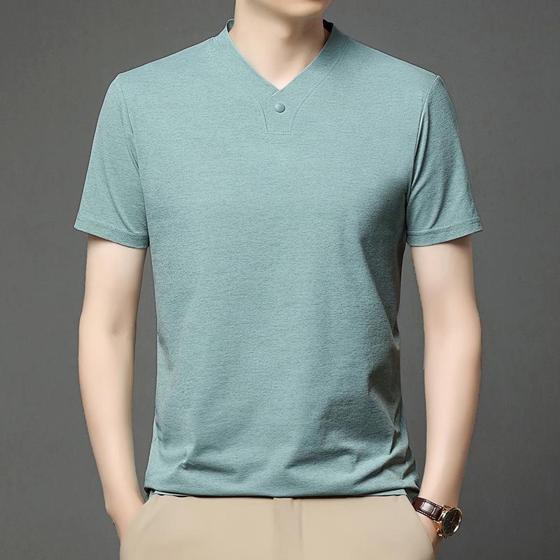 Men s Chinese Style Casual One Button V-neck Solid Color Short Sleeved T-shirt Summer Versatile Top 4XL зелёный