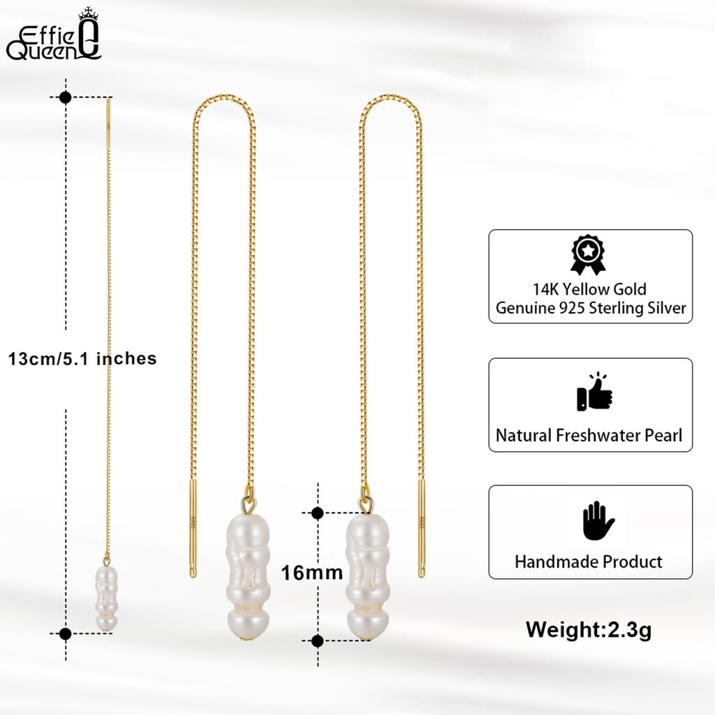 Effie Queen 925 Pure Silver 14k Gold Threaded Baroque Freshwater Pearl Dangle Earrings Ideal Jewelry for Women Fine Gift GPE07