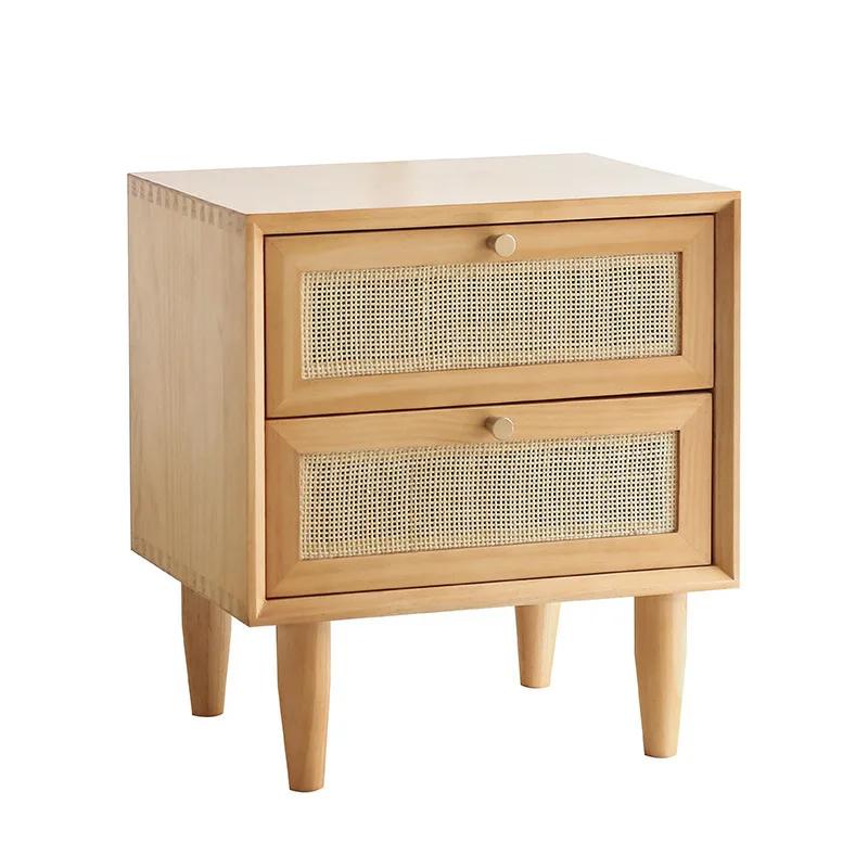 Japanese Nightstands Solid Wood Bedside Table Rattan Low Cabinet Corner Bedroom Drawers Apartment Locker Magazine Bookcase