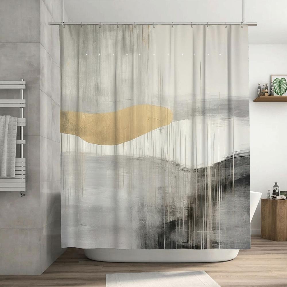 Modern Art Print Shower Curtain With Gold Stripes Neutral Bathroom Decor For Home Kitchen (White)