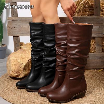 Mode Damen Größe 36-43 Plissierte Hohe Stiefel Britischer Stil Herbst Neu Dicker Absatz Retro Schaft Damen Bequeme Mittelhohe Stiefel