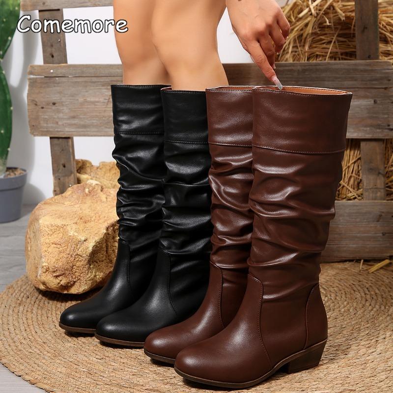 Fashion Women's Size 36-43 Pleated High Boots British Style Autumn New Thick Heel Retro Sleeve Women's Comfortable Mid-heeled Boots