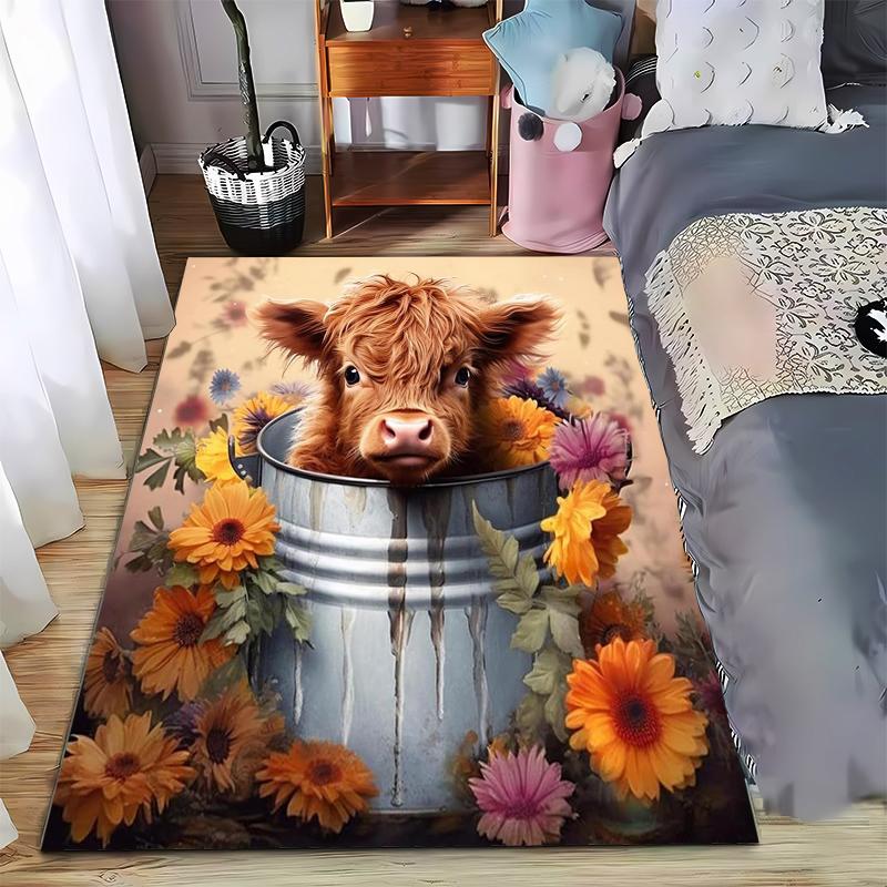 Highland Cow with Flowers carpet Non-slip rug suitable for living room and bedroom sofas