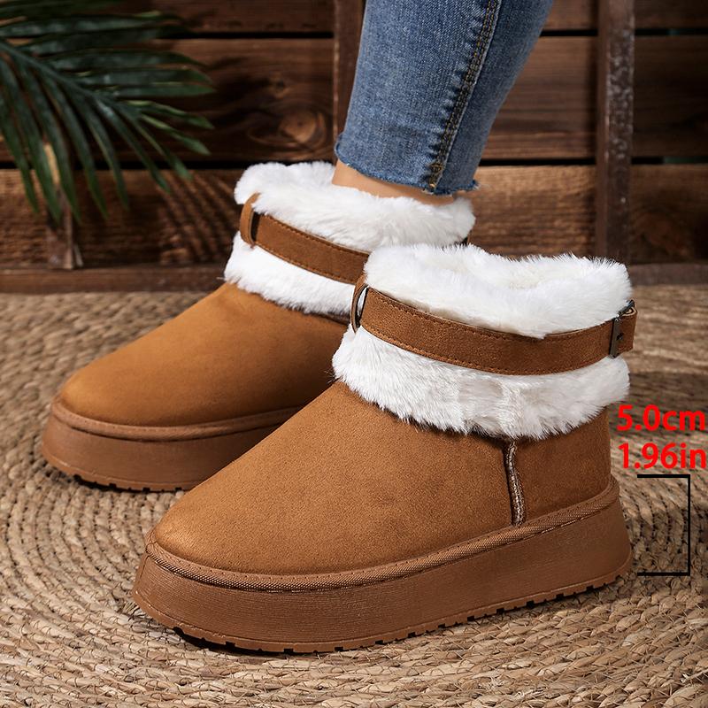 Fashion Buckle Faux Fur Winter Ankle Boots Women Cotton Padded Thicken Plush Snow Boots Comfort Thick Sole Non Slip Platform Casual Shoe