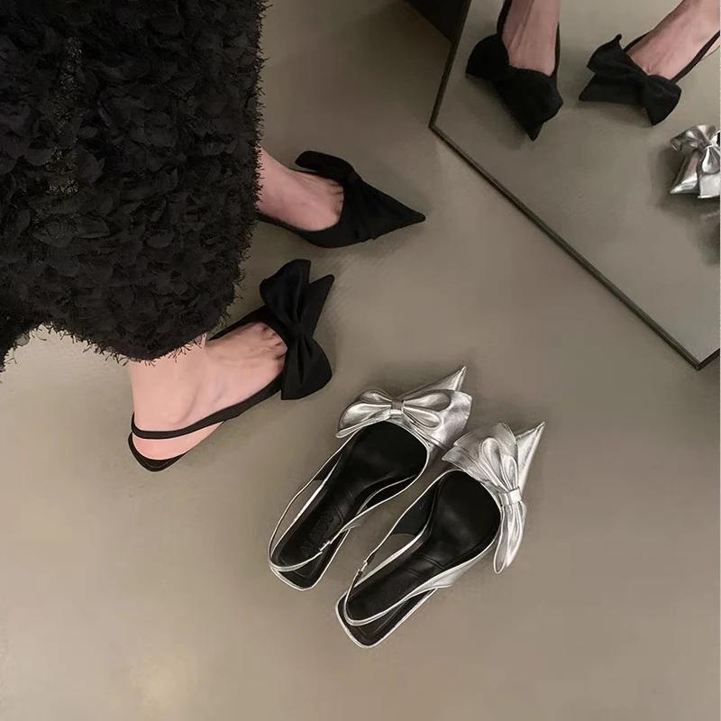 Elegant Silver Side Bowknot Slingback Sandals Woman Chic Point Toe Kitten Heel Stiletto Pumps Ladies Eveing Party Dress Shoes