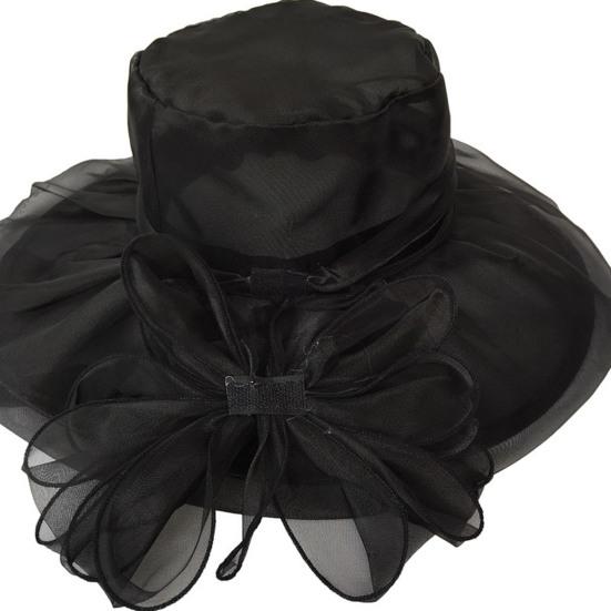 Women Sun Hat Organza Bowknot Decor Wide Brim UV Protection Hat Lightweight Breathable Foldable Tulle Hat Headwear